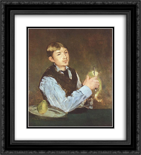 A young man peeling a pear (Portrait Of Leon Leenhoff) 20x22 Black Ornate Wood Framed Art Print Poster with Double Matting by Manet, Edouard