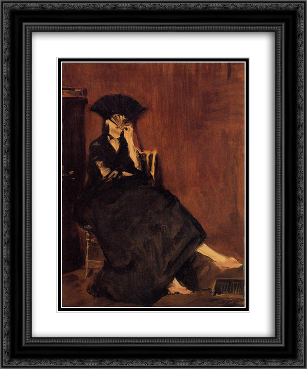 Berthe Morisot with a Fan 20x24 Black Ornate Wood Framed Art Print Poster with Double Matting by Manet, Edouard
