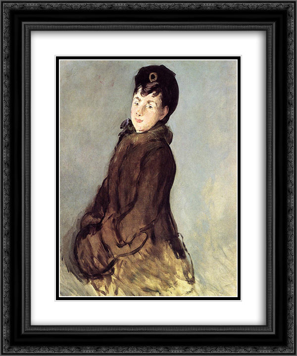 Isabelle Lemonnier with a muff 20x24 Black Ornate Wood Framed Art Print Poster with Double Matting by Manet, Edouard
