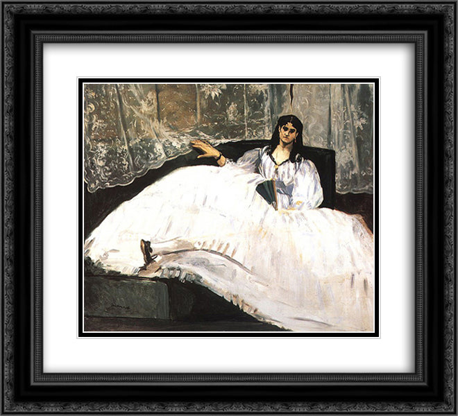 Jeanne Duval, Baudelaire's Mistress, Reclining (Lady with a Fan) 22x20 Black Ornate Wood Framed Art Print Poster with Double Matting by Manet, Edouard