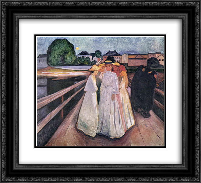 The Ladies on the Bridge 22x20 Black Ornate Wood Framed Art Print Poster with Double Matting by Munch, Edvard