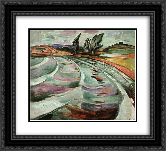 The Wave 22x20 Black Ornate Wood Framed Art Print Poster with Double Matting by Munch, Edvard