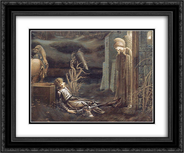 The Dream of Launcelot at the Chapel of the San Graal 24x20 Black Ornate Wood Framed Art Print Poster with Double Matting by Burne Jones, Edward