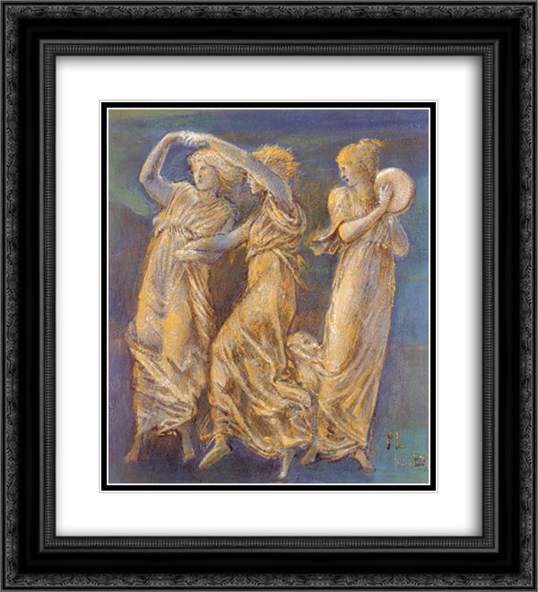 Three Female Figures Dancing And Playing 20x22 Black Ornate Wood Framed Art Print Poster with Double Matting by Burne Jones, Edward