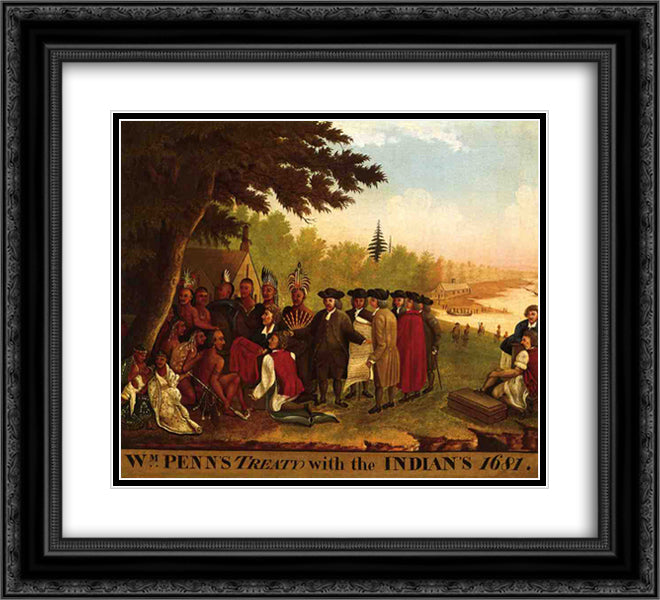 Penn's Treaty 22x20 Black Ornate Wood Framed Art Print Poster with Double Matting by Hicks, Edward