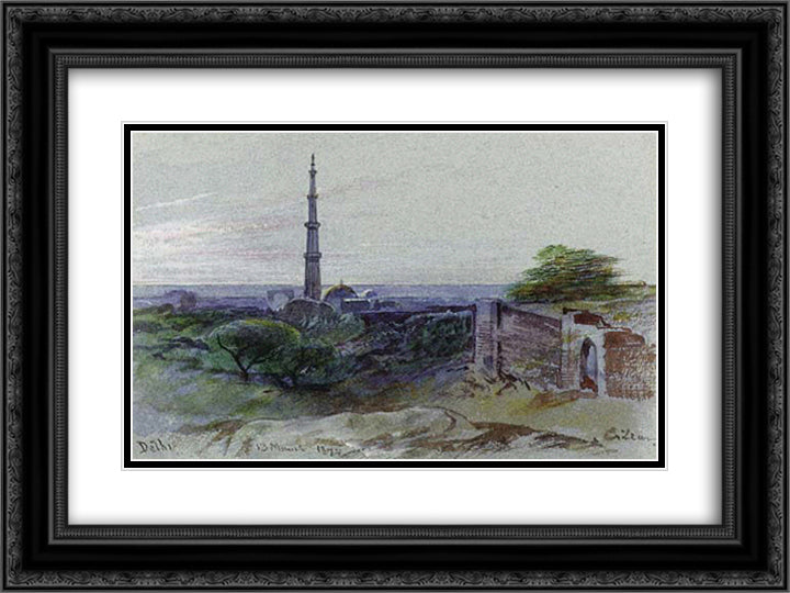 A view of the Qutb Minar, Delhi 24x18 Black Ornate Wood Framed Art Print Poster with Double Matting by Lear, Edward