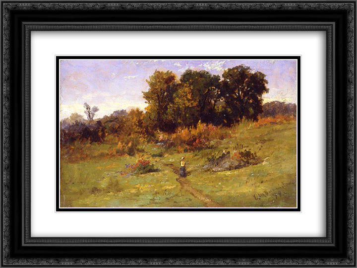 Landscape with Woman Walking on Path 24x18 Black Ornate Wood Framed Art Print Poster with Double Matting by Bannister, Edward Mitchell