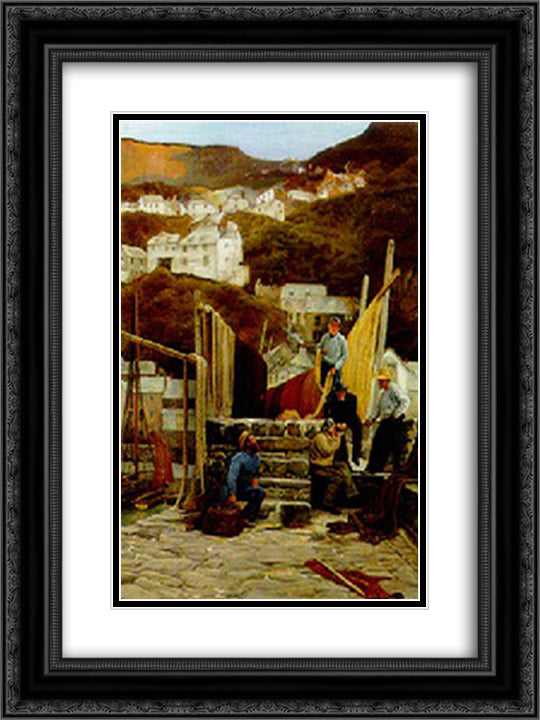 Mending the nets 18x24 Black Ornate Wood Framed Art Print Poster with Double Matting by Taylor, Edward R.