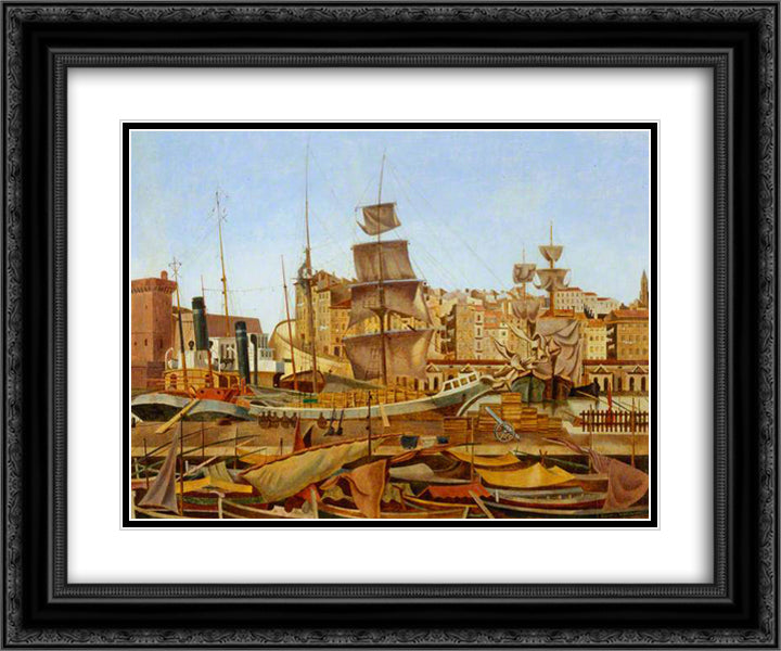 Marseilles Harbour, Quai du Port 24x20 Black Ornate Wood Framed Art Print Poster with Double Matting by Wadsworth, Edward