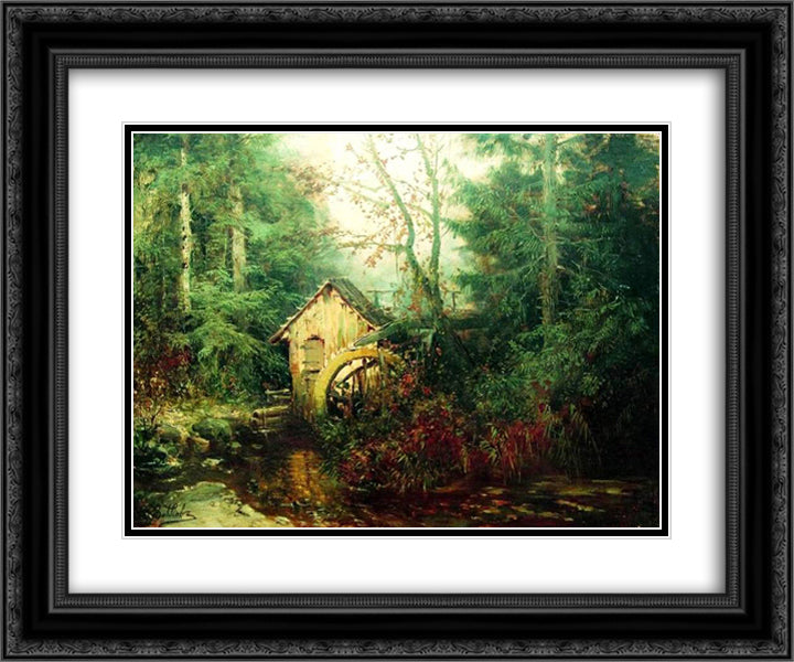 Forest Landscape with Watermill 24x20 Black Ornate Wood Framed Art Print Poster with Double Matting by Volkov, Efim