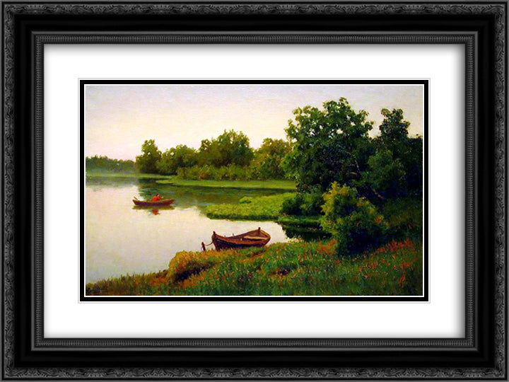 Summer Landscape with Fisherman 24x18 Black Ornate Wood Framed Art Print Poster with Double Matting by Volkov, Efim