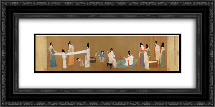 Court ladies preparing newly woven silk 24x12 Black Ornate Wood Framed Art Print Poster with Double Matting by Huizong, Emperor