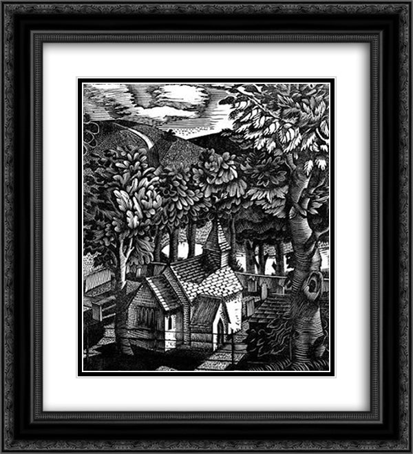 Church under a hill 20x22 Black Ornate Wood Framed Art Print Poster with Double Matting by Ravilious, Eric