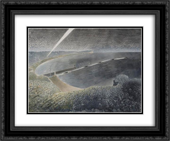 Coastal Defences 24x20 Black Ornate Wood Framed Art Print Poster with Double Matting by Ravilious, Eric