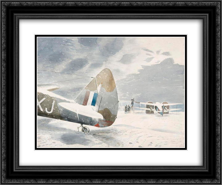 De-icing Aircraft 24x20 Black Ornate Wood Framed Art Print Poster with Double Matting by Ravilious, Eric