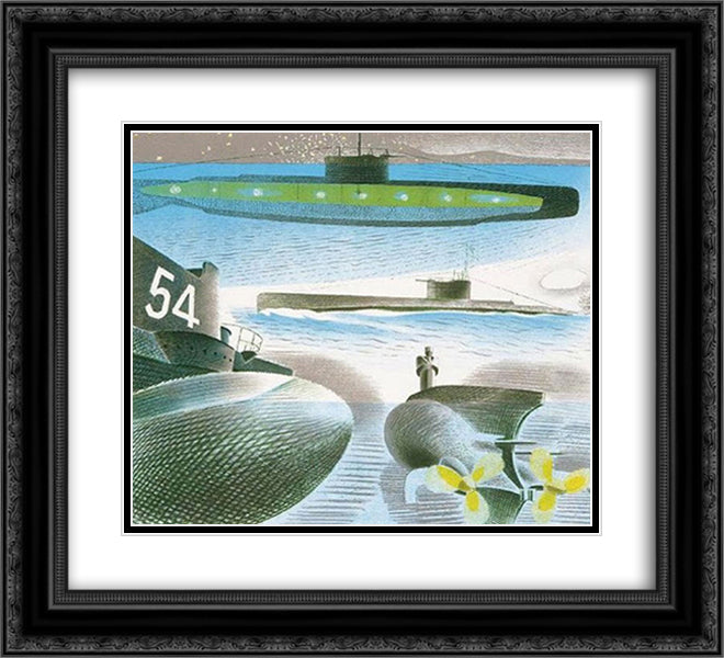 Different aspects of submarines 22x20 Black Ornate Wood Framed Art Print Poster with Double Matting by Ravilious, Eric