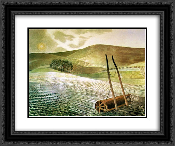 Downs in winter 24x20 Black Ornate Wood Framed Art Print Poster with Double Matting by Ravilious, Eric