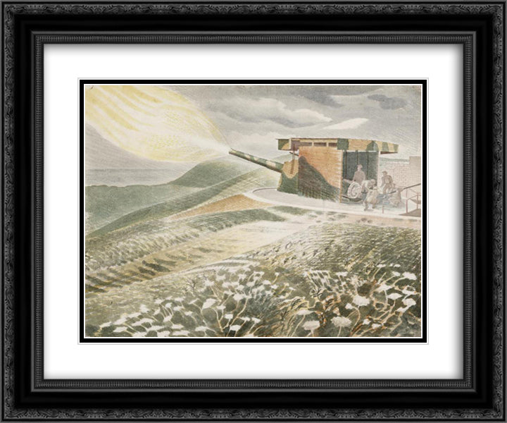 Firing a 9.2 Gun 24x20 Black Ornate Wood Framed Art Print Poster with Double Matting by Ravilious, Eric