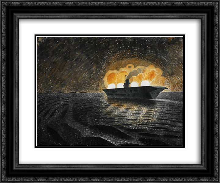 HMS Ark Royal in Action 24x20 Black Ornate Wood Framed Art Print Poster with Double Matting by Ravilious, Eric