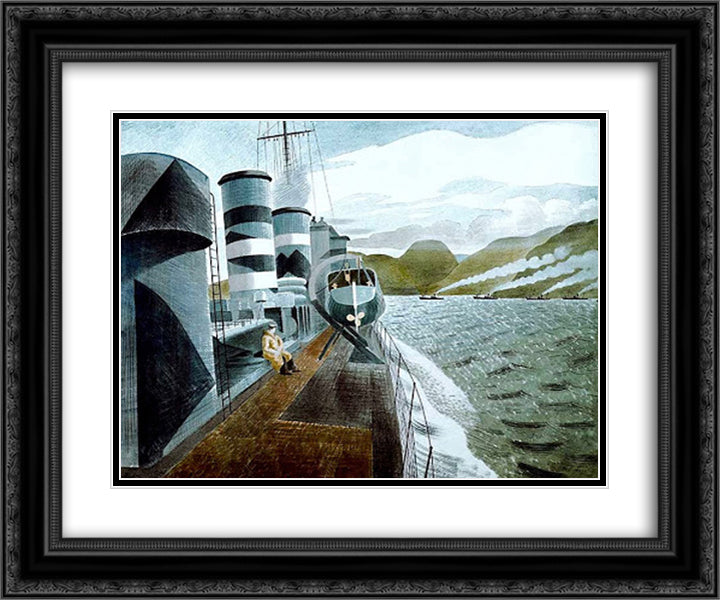 Leaving Scapa Flow 24x20 Black Ornate Wood Framed Art Print Poster with Double Matting by Ravilious, Eric