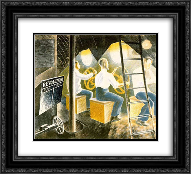 Men operating submarine controls 22x20 Black Ornate Wood Framed Art Print Poster with Double Matting by Ravilious, Eric