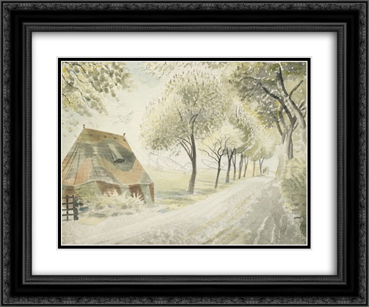 Road by an airfield 24x20 Black Ornate Wood Framed Art Print Poster with Double Matting by Ravilious, Eric