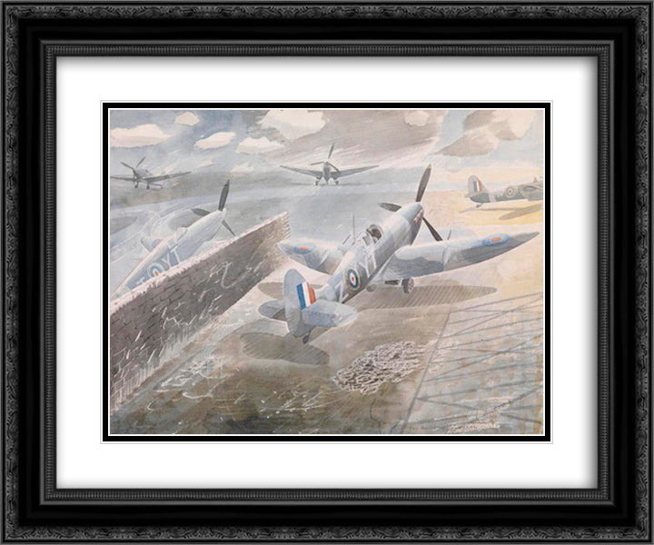 Spitfires at Sawbridgeworth, Herts 1942 24x20 Black Ornate Wood Framed Art Print Poster with Double Matting by Ravilious, Eric