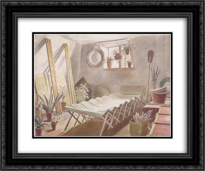 The Attic Bedroom 24x20 Black Ornate Wood Framed Art Print Poster with Double Matting by Ravilious, Eric