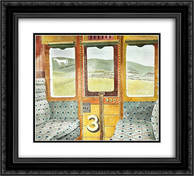 Train Landscape 22x20 Black Ornate Wood Framed Art Print Poster with Double Matting by Ravilious, Eric