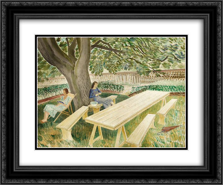 Two Women in a Garden 24x20 Black Ornate Wood Framed Art Print Poster with Double Matting by Ravilious, Eric
