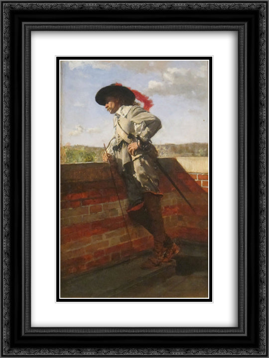 On a Terrace 18x24 Black Ornate Wood Framed Art Print Poster with Double Matting by Meissonier, Ernest