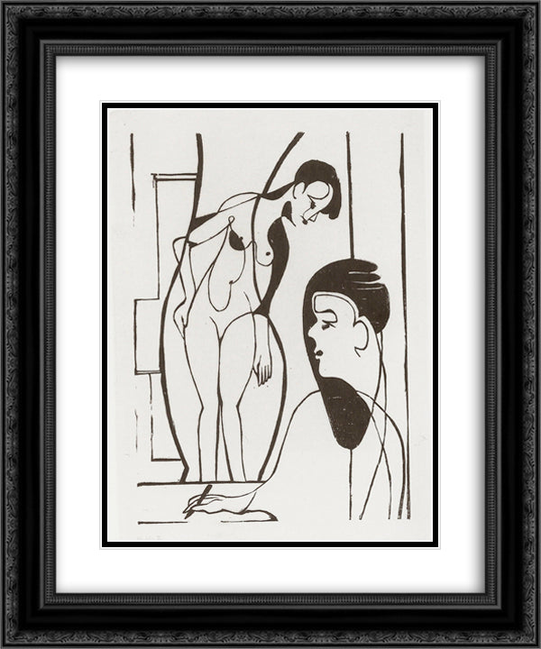 Artist and Female Modell 20x24 Black Ornate Wood Framed Art Print Poster with Double Matting by Kirchner, Ernst Ludwig