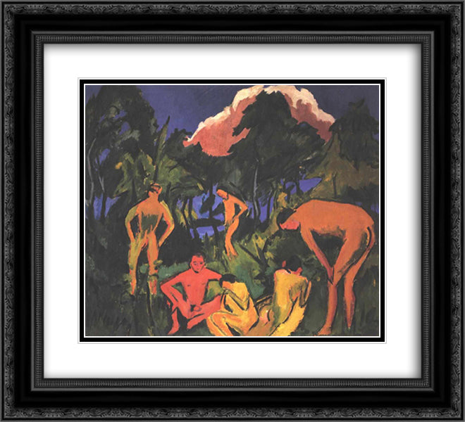Nudes in the Sun 22x20 Black Ornate Wood Framed Art Print Poster with Double Matting by Kirchner, Ernst Ludwig