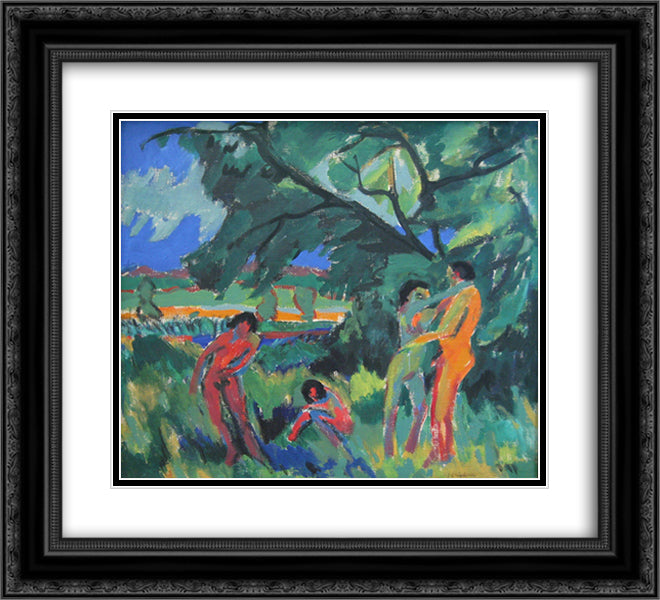 Playing Naked People 22x20 Black Ornate Wood Framed Art Print Poster with Double Matting by Kirchner, Ernst Ludwig
