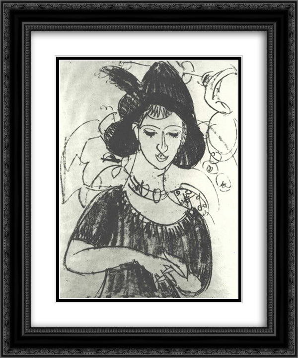 Portrait of Dodo with Hat 20x24 Black Ornate Wood Framed Art Print Poster with Double Matting by Kirchner, Ernst Ludwig