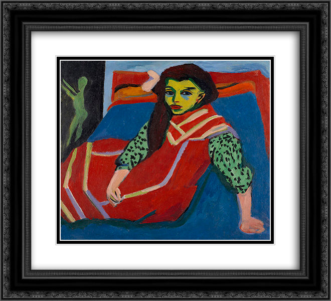 Sitting Girl 22x20 Black Ornate Wood Framed Art Print Poster with Double Matting by Kirchner, Ernst Ludwig