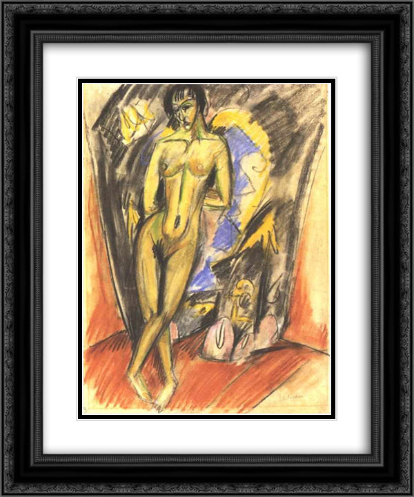 Standing Female Nude in Frot of a Tent 20x24 Black Ornate Wood Framed Art Print Poster with Double Matting by Kirchner, Ernst Ludwig