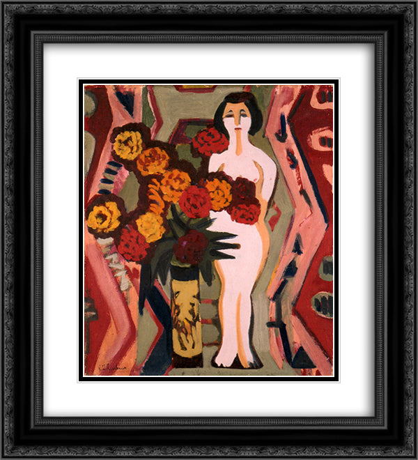 Still Life with Sculpture 20x22 Black Ornate Wood Framed Art Print Poster with Double Matting by Kirchner, Ernst Ludwig