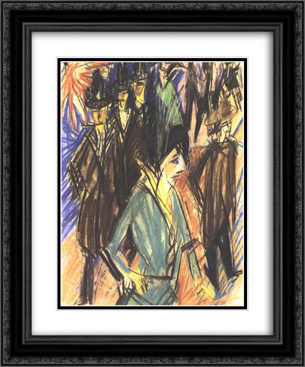 Street Scene with Green Cocotte 20x24 Black Ornate Wood Framed Art Print Poster with Double Matting by Kirchner, Ernst Ludwig