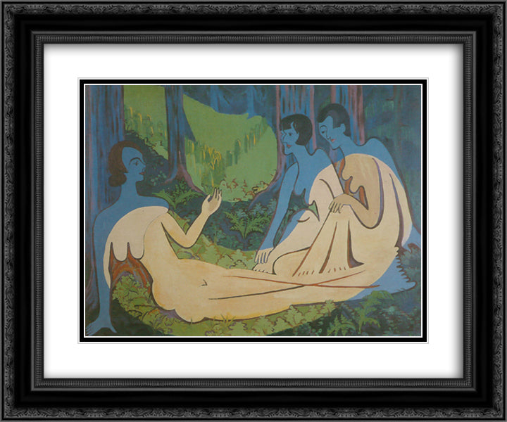 Three Naked in the Forest 24x20 Black Ornate Wood Framed Art Print Poster with Double Matting by Kirchner, Ernst Ludwig