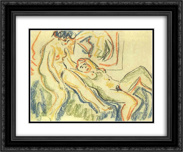 Two Female Nudes at a Couch 24x20 Black Ornate Wood Framed Art Print Poster with Double Matting by Kirchner, Ernst Ludwig