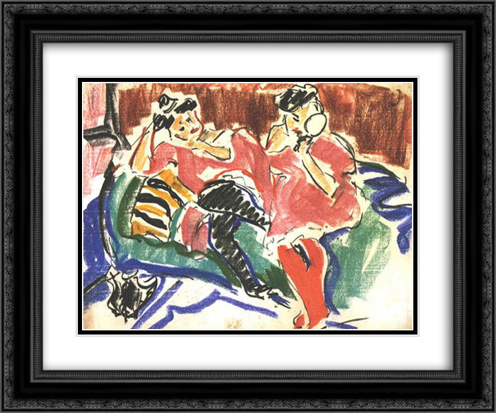 Two Women at a Couch 24x20 Black Ornate Wood Framed Art Print Poster with Double Matting by Kirchner, Ernst Ludwig