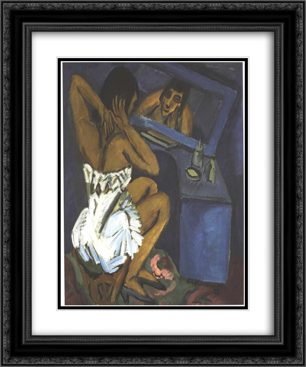 Woman before the Mirror 20x24 Black Ornate Wood Framed Art Print Poster with Double Matting by Kirchner, Ernst Ludwig