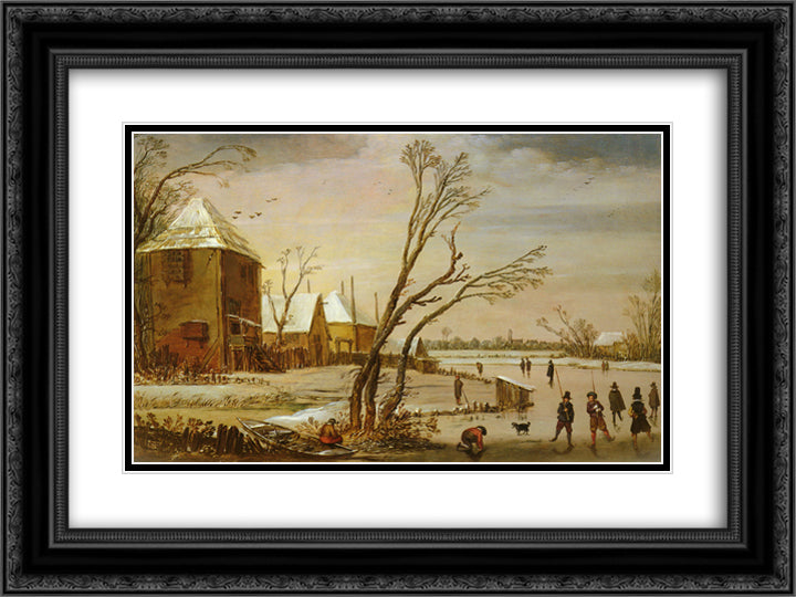 A Frozen River with Skaters 24x18 Black Ornate Wood Framed Art Print Poster with Double Matting by Velde, Esaias van de