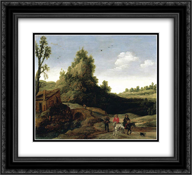A landscape with travellers crossing a bridge before a small dwelling 22x20 Black Ornate Wood Framed Art Print Poster with Double Matting by Velde, Esaias van de