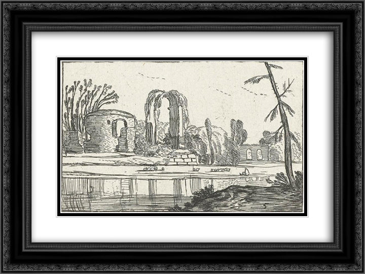 Ancient ruins by a river 24x18 Black Ornate Wood Framed Art Print Poster with Double Matting by Velde, Esaias van de