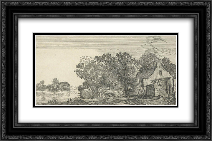 Farm on a river between trees 24x16 Black Ornate Wood Framed Art Print Poster with Double Matting by Velde, Esaias van de