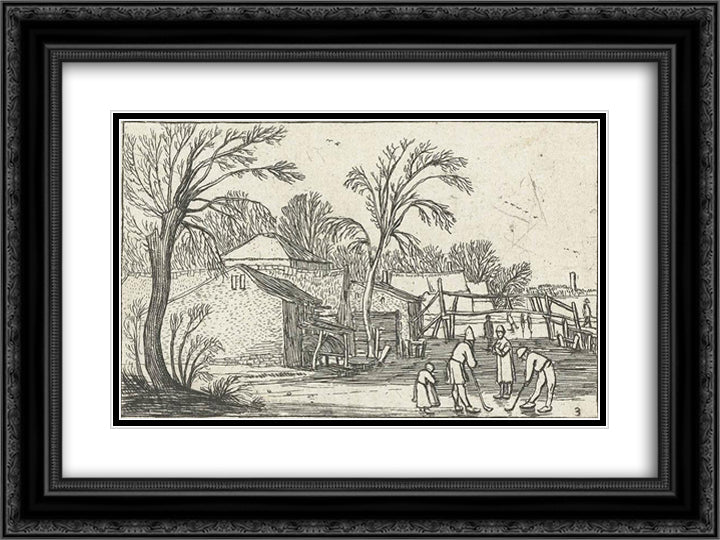 Flask skaters and players on the ice in the farmyards 24x18 Black Ornate Wood Framed Art Print Poster with Double Matting by Velde, Esaias van de
