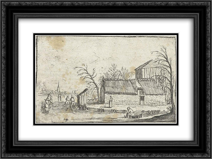 Frozen River with Skaters near a farmhouse 24x18 Black Ornate Wood Framed Art Print Poster with Double Matting by Velde, Esaias van de