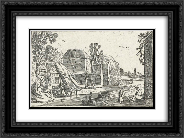 Landscape with farmhouse and barn on stilts at a water 24x18 Black Ornate Wood Framed Art Print Poster with Double Matting by Velde, Esaias van de